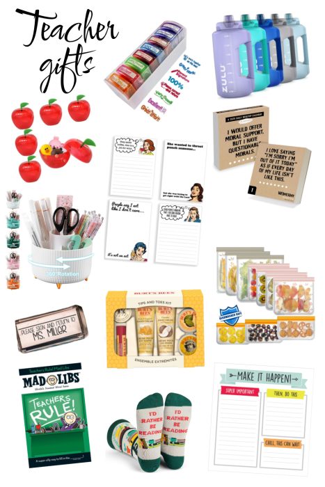 Collage of teacher gift ideas including a mug with pens, apple-shaped items, motivational water bottles, socks, gratitude cards, and stationery sets.