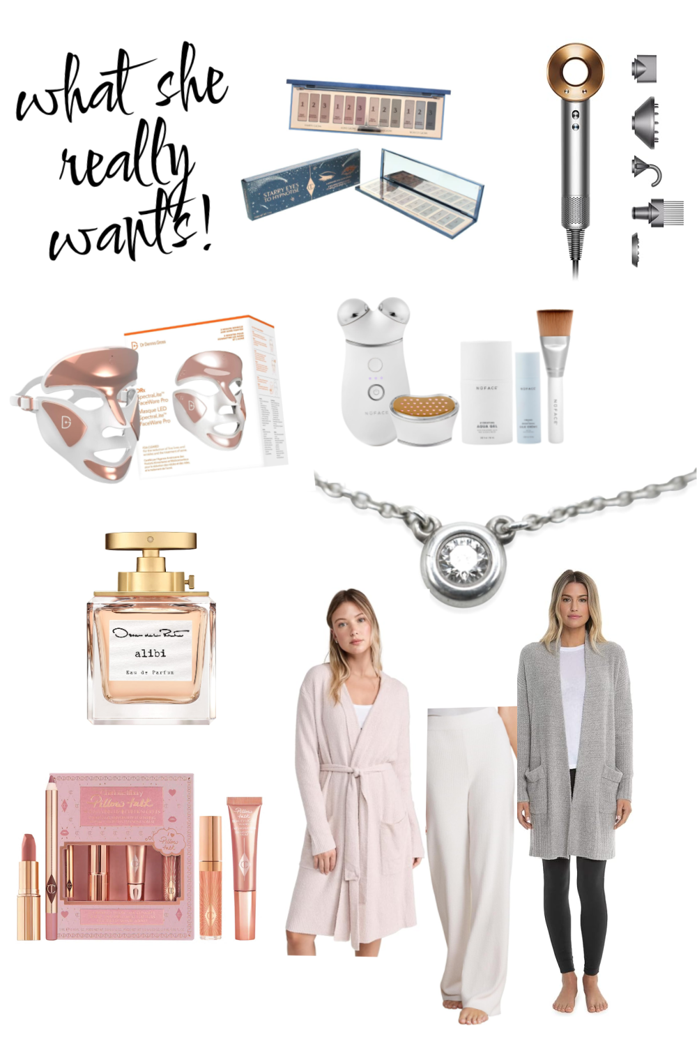 Collage of various beauty and skincare products, clothing items, and accessories, including makeup, a facial device, and home essentials, accompanied by the text "what she really wants!.