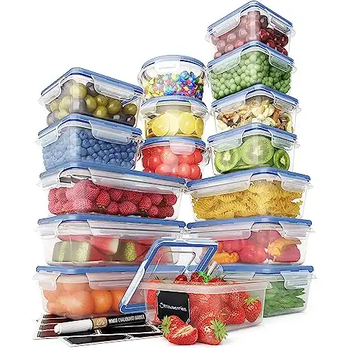 Chef's Path 32 Piece Food Storage Containers Set with 16 Blue Easy Snap Lids +16 Airtight Food Containers with Lids for Pantry & Kitchen Organization - BPA-Free Food Storage Containers with L...