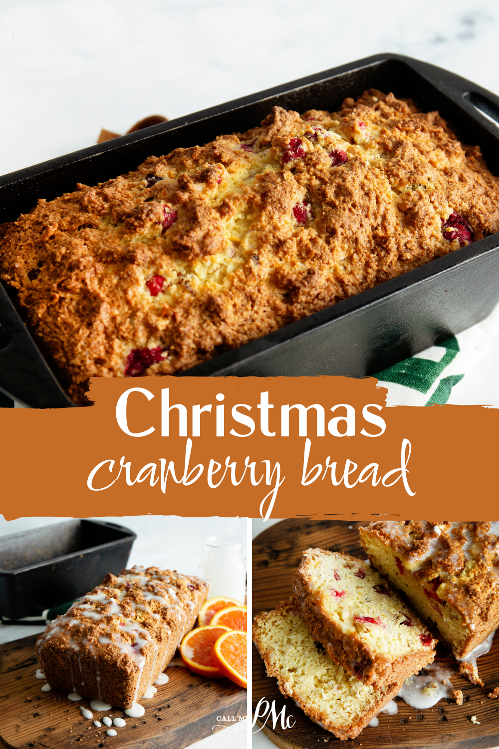 Loaf of Christmas cranberry bread from our festive recipe in a pan, with two servings on wooden boards, garnished with glaze and orange slices.