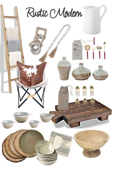 Collage of rustic modern decor items, featuring ceramics, textiles, a wooden ladder, and forks with red handles—perfect additions for the 2024 Holiday Gift Guide.