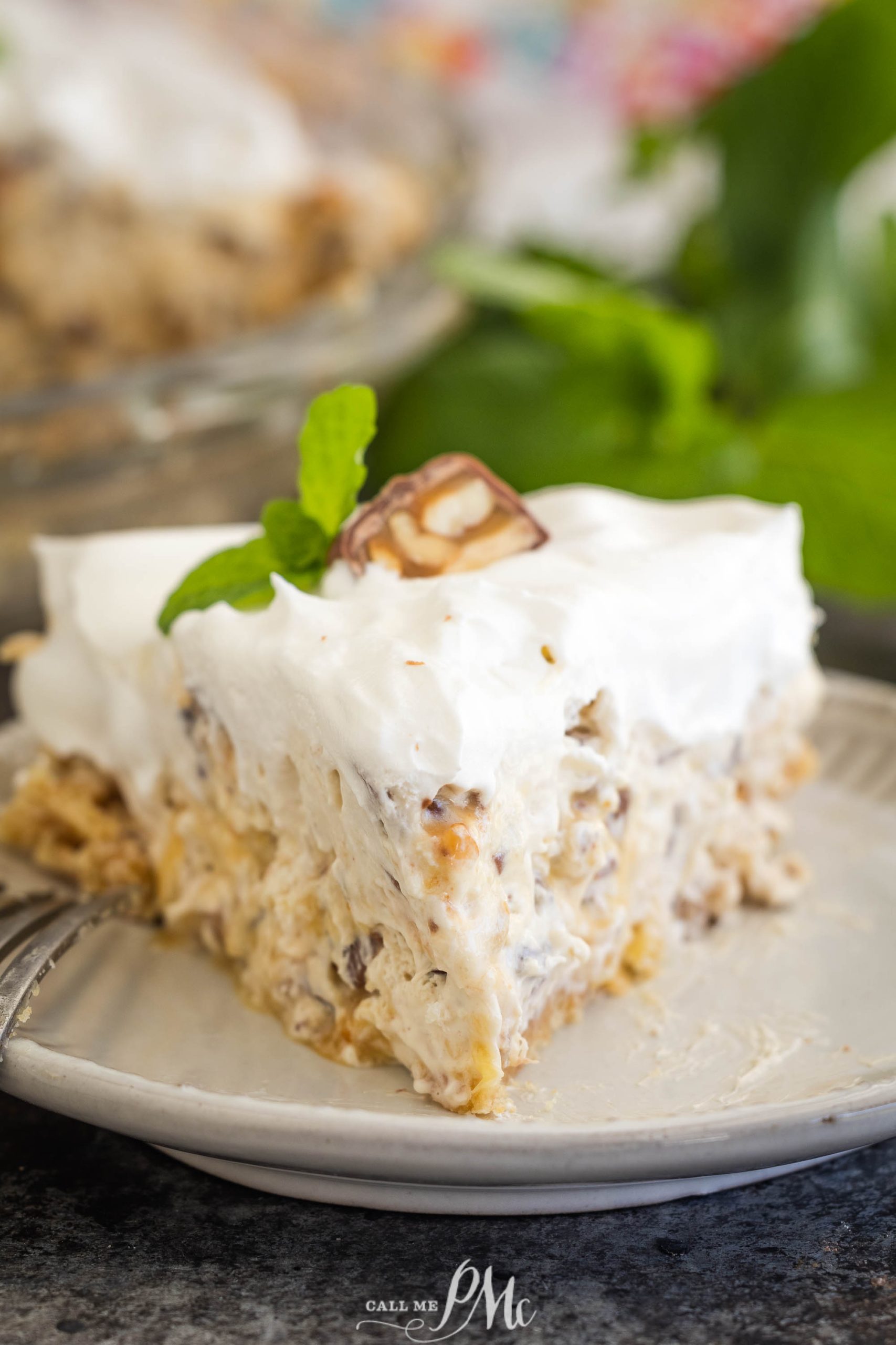 A slice of creamy million dollar pie with chopped chocolate pieces and whipped topping, garnished with a mint sprig, surprises on a white plate.