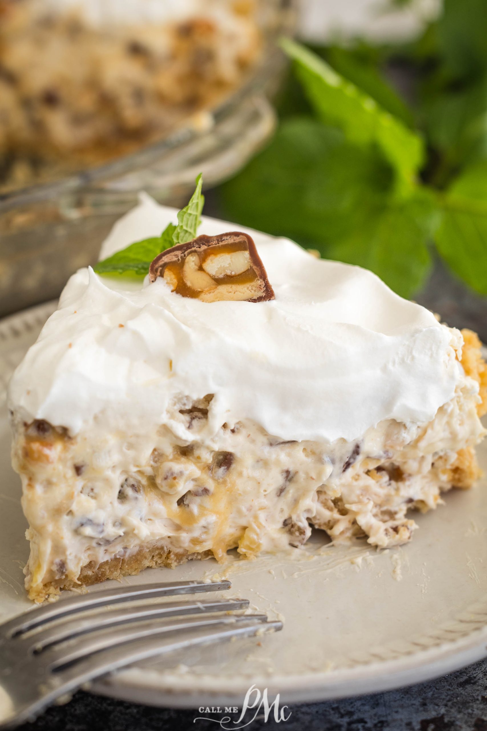 A slice of the surprisingly luscious million-dollar pie, topped with whipped cream and a small piece of chocolate, rests on a white plate with a fork nearby.