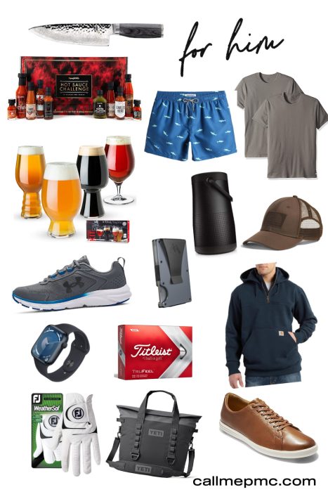 A collage of various gift items for men inspired by the 2024 Holiday Gift Guide, featuring clothes, shoes, beer glasses, hot sauce, golf accessories, and a knife.