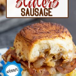 Caramelized Onion Sausage Dog Sliders: A savory sausage slider topped with sweet caramelized onions, perfectly nestled on a bun. Displayed on blue checkered paper, the winning creation is adorned with a "winner" ribbon.