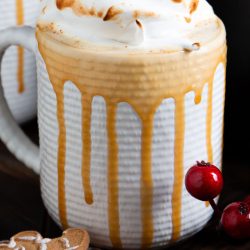 A mug filled with creamy brown butter eggnog topped with whipped cream and caramel drizzle, accompanied by gingerbread cookies and red berries.