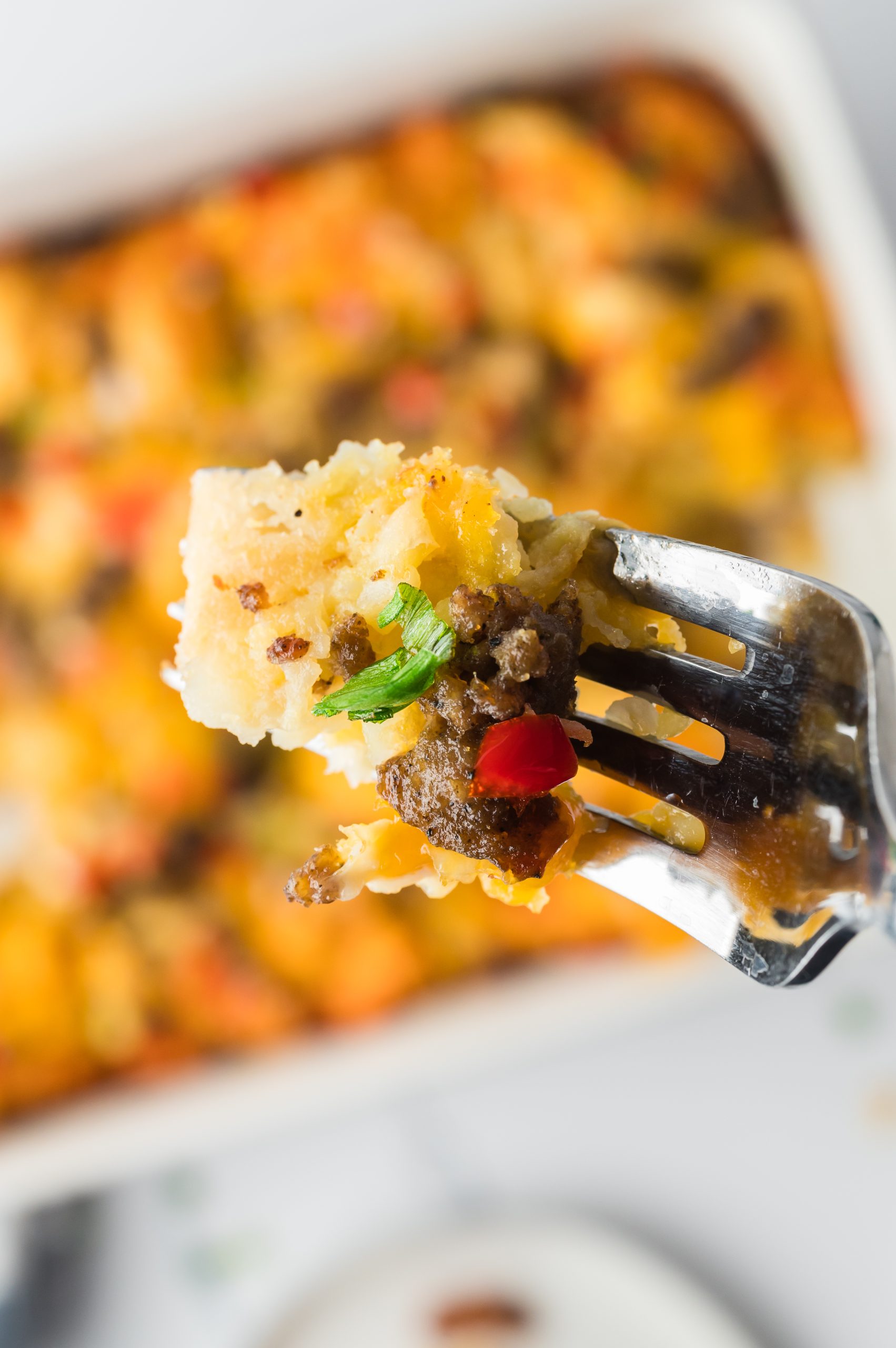 A fork holding a bite of cheesy casserole with ground meat, vegetables, and herbs, with a blurred casserole dish in the background.