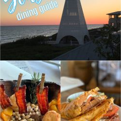 Seaside Florida Dining Guide cover showcasing a beach sunset, a wooden tower, a dish with skewered bacon and beans, and a sandwich brimming with tomatoes and lettuce.