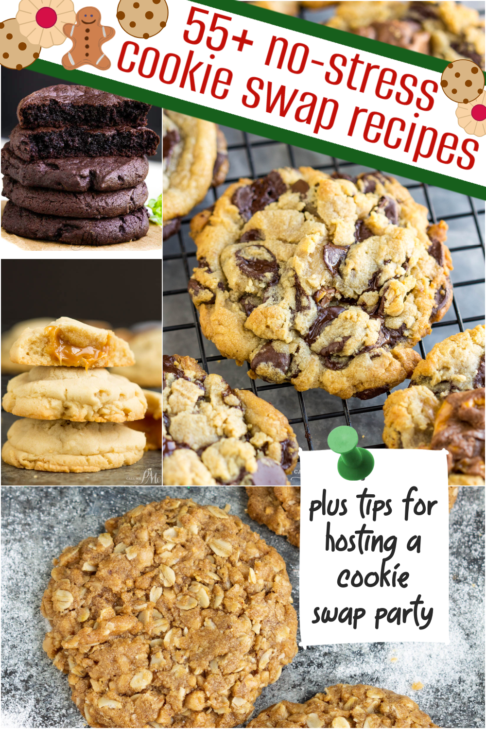 A delightful collage of cookies showcases a banner with "55+ no-stress cookie swap recipes," featuring hosting tips and a fun cookie roundup.