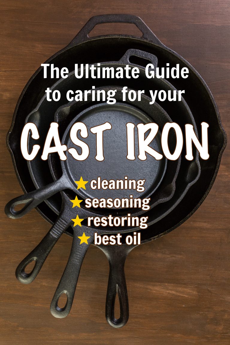 Stack of cast iron pans on a wooden surface with text overlay: "The Ultimate Guide to Seasoning Cast Iron Cookware: cleaning, seasoning, restoring, best oil.