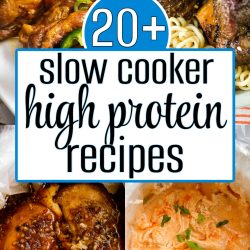 Collage of delicious high-protein slow cooker recipes featuring chicken, beef, and a creamy dish, with a text overlay that reads "20+ High-Protein Slow Cooker Recipes.