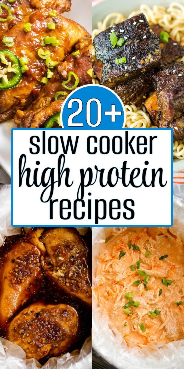 Collage of delicious high-protein slow cooker recipes featuring chicken, beef, and a creamy dish, with a text overlay that reads "20+ High-Protein Slow Cooker Recipes.