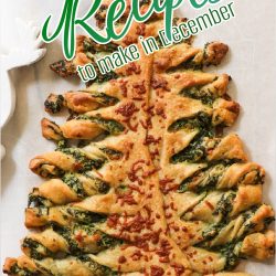 A Christmas tree-shaped pastry with spinach and cheese twists, adorned with decorative text: "49 Recipes to Make in December.