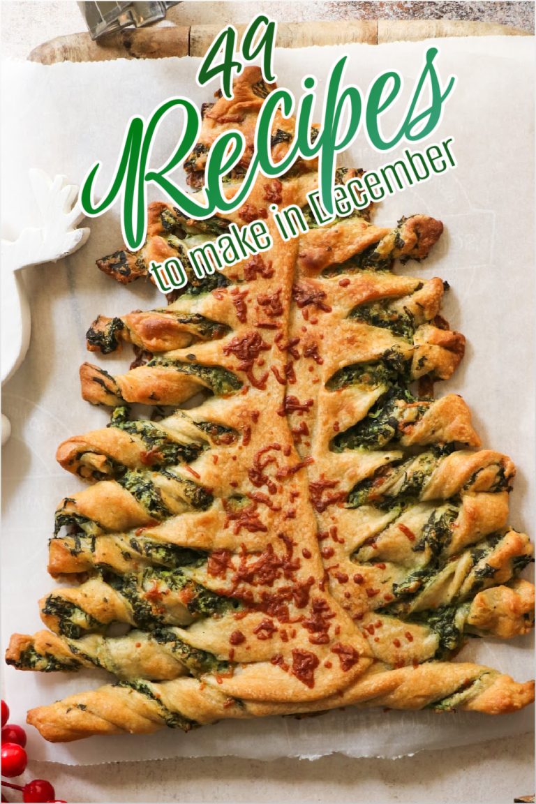 A Christmas tree-shaped pastry with spinach and cheese twists, adorned with decorative text: "49 Recipes to Make in December.