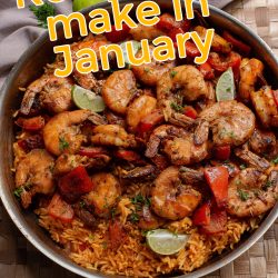 A skillet dish featuring seasoned shrimp, rice, and lime wedges shines as a perfect recipe to make in January.