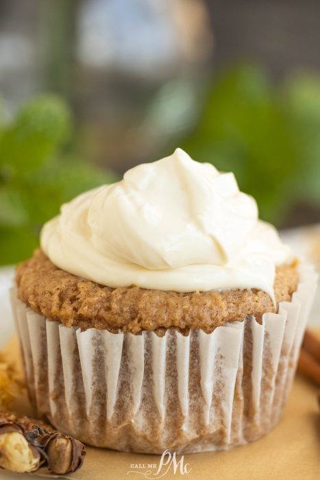 A brown cupcake in a white paper liner topped with swirled cream-colored frosting. The background is blurred with green tones.