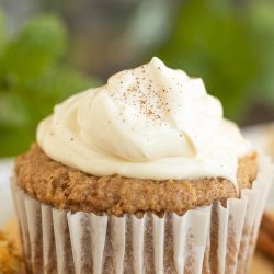 A cupcake with white frosting in a ridged paper liner, topped with a sprinkle of cinnamon, is pictured on a neutral background with a hint of greenery.