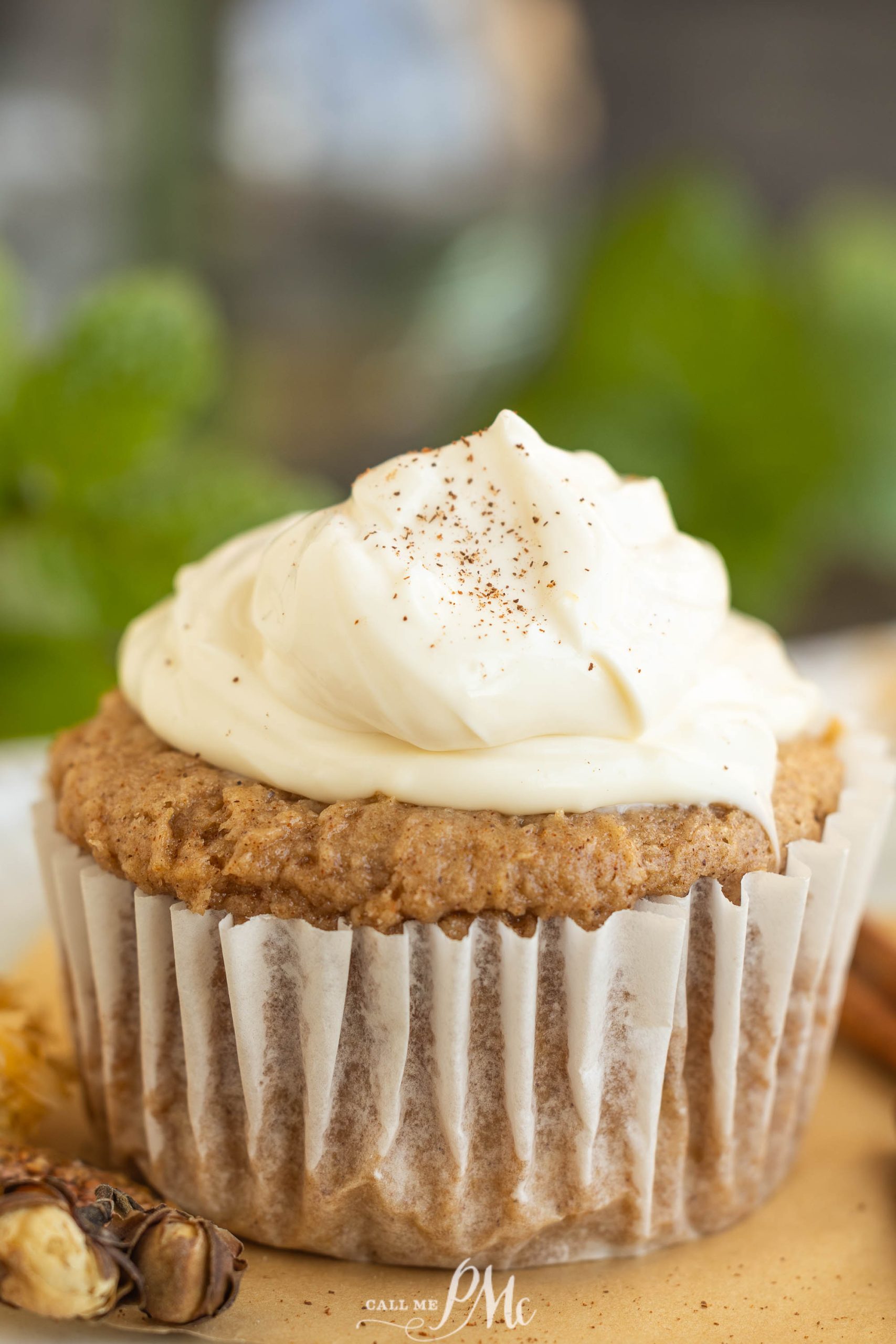 A cupcake with white frosting in a ridged paper liner, topped with a sprinkle of cinnamon, is pictured on a neutral background with a hint of greenery.