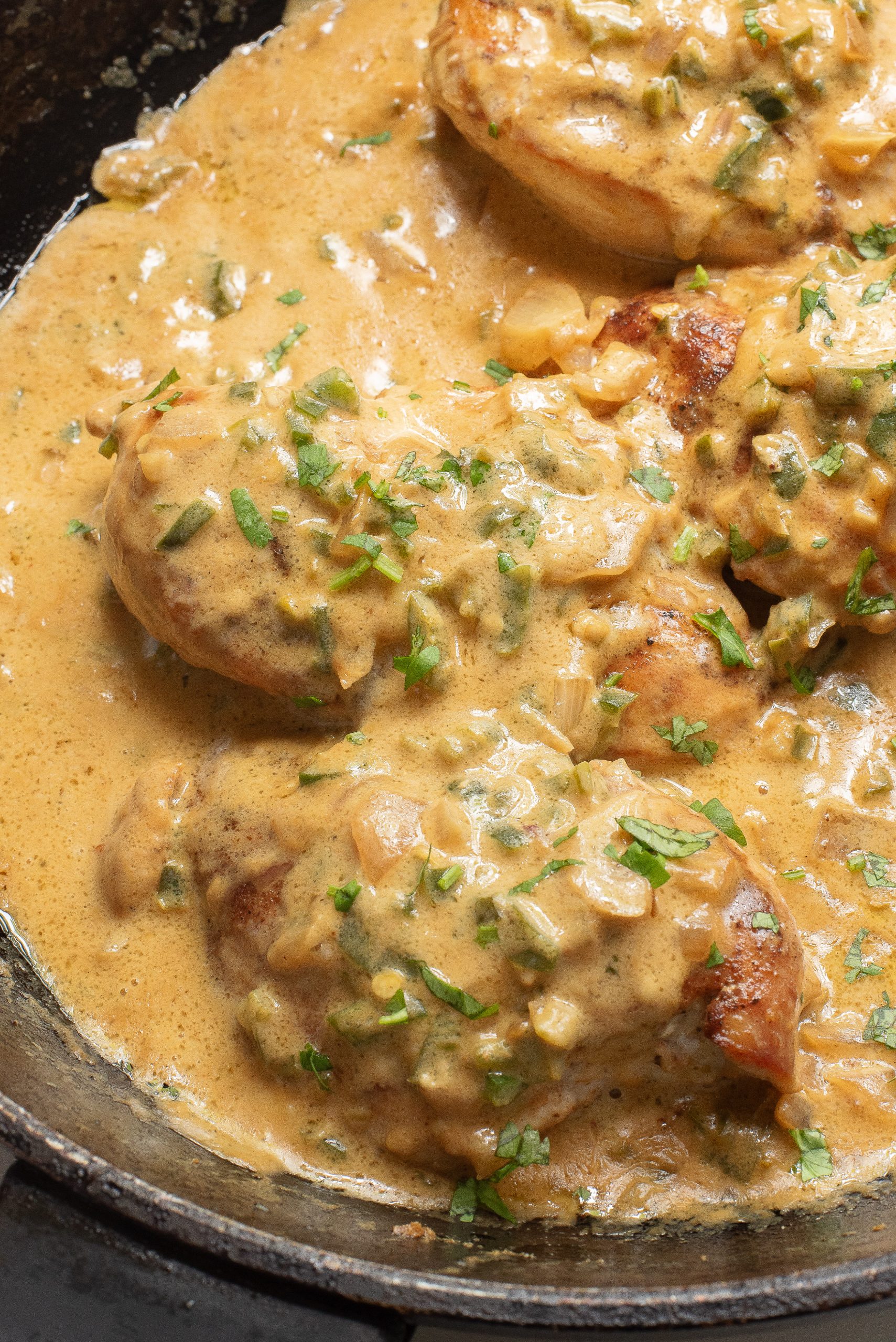 Chicken breasts in creamy sauce with chopped onions and herbs in a pan.