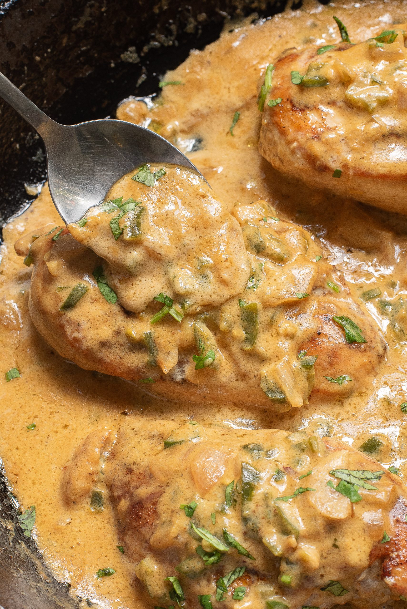 Chicken breasts in creamy sauce garnished with herbs, cooked in a skillet.