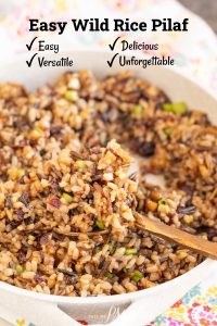 Bowl of wild rice pilaf with a wooden spoon. Text highlights its ease, versatility, deliciousness, and unforgettable taste.