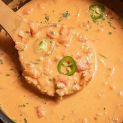 A wooden spoon lifts creamy queso dip from a pot, showing chunks of tomato and slices of jalapeño.