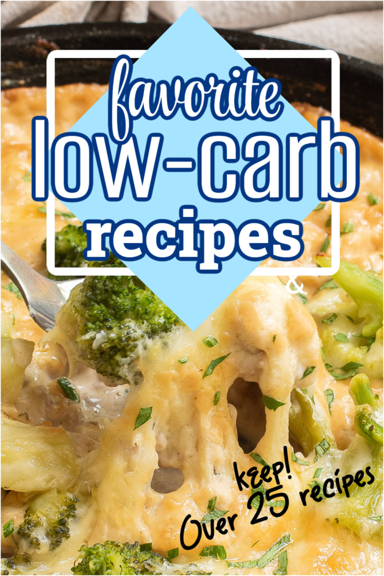 Broccoli dish with cheese sauce in a skillet. Text overlay: "Favorite Easy Low Carb Recipes," "Keep! Over 25 recipes.