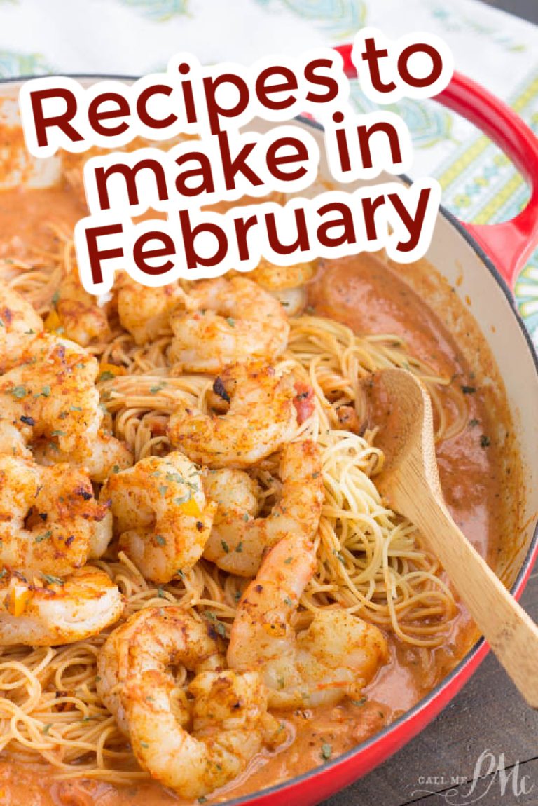 A pan of spaghetti with shrimp in a creamy sauce. Text overlay reads, "Recipes to make in February.