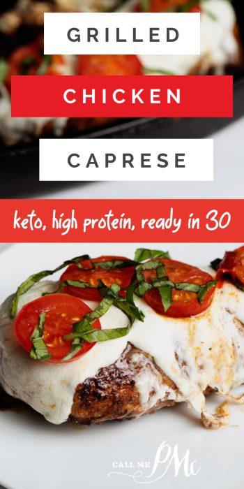 Stovetop grilled chicken topped with melted cheese, tomatoes, and basil. Text reads: "Stovetop Grilled Chicken Caprese - keto, high protein, ready in 30.