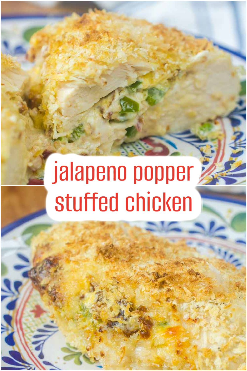 A delectable jalapeno popper stuffed chicken rests on a patterned plate, its breadcrumb topping perfectly golden. The cheese and jalapenos peek through, promising a flavorful explosion with every bite.