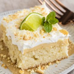 A slice of cake topped with whipped cream, crumbled nuts, a lime wedge, and a mint sprig on a white plate. Two copper forks are placed beside the plate.