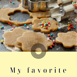 Cookie dough cut in shapes with metal cutters, sprinkles, and a rolling pin on a floured surface. Text reads "My favorite cookie baking tools.