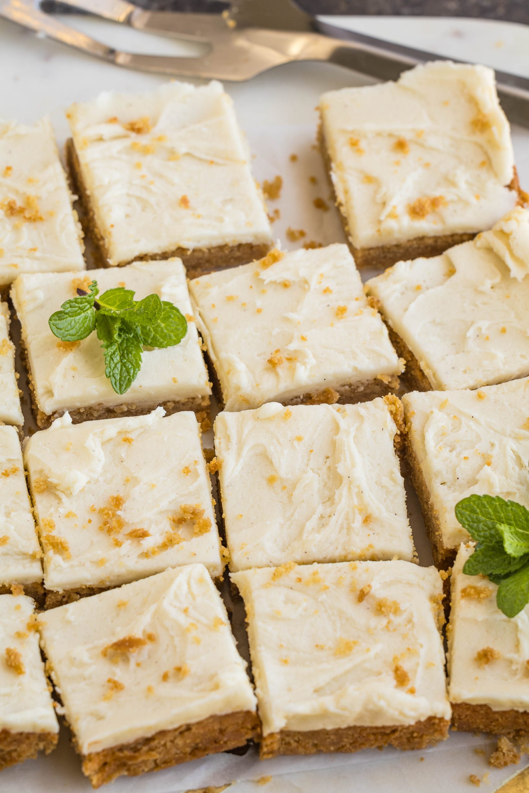 Squares of peanut butter graham cracker blondies topped with creamy frosting, arranged in a grid pattern, garnished with fresh mint leaves on a serving tray.