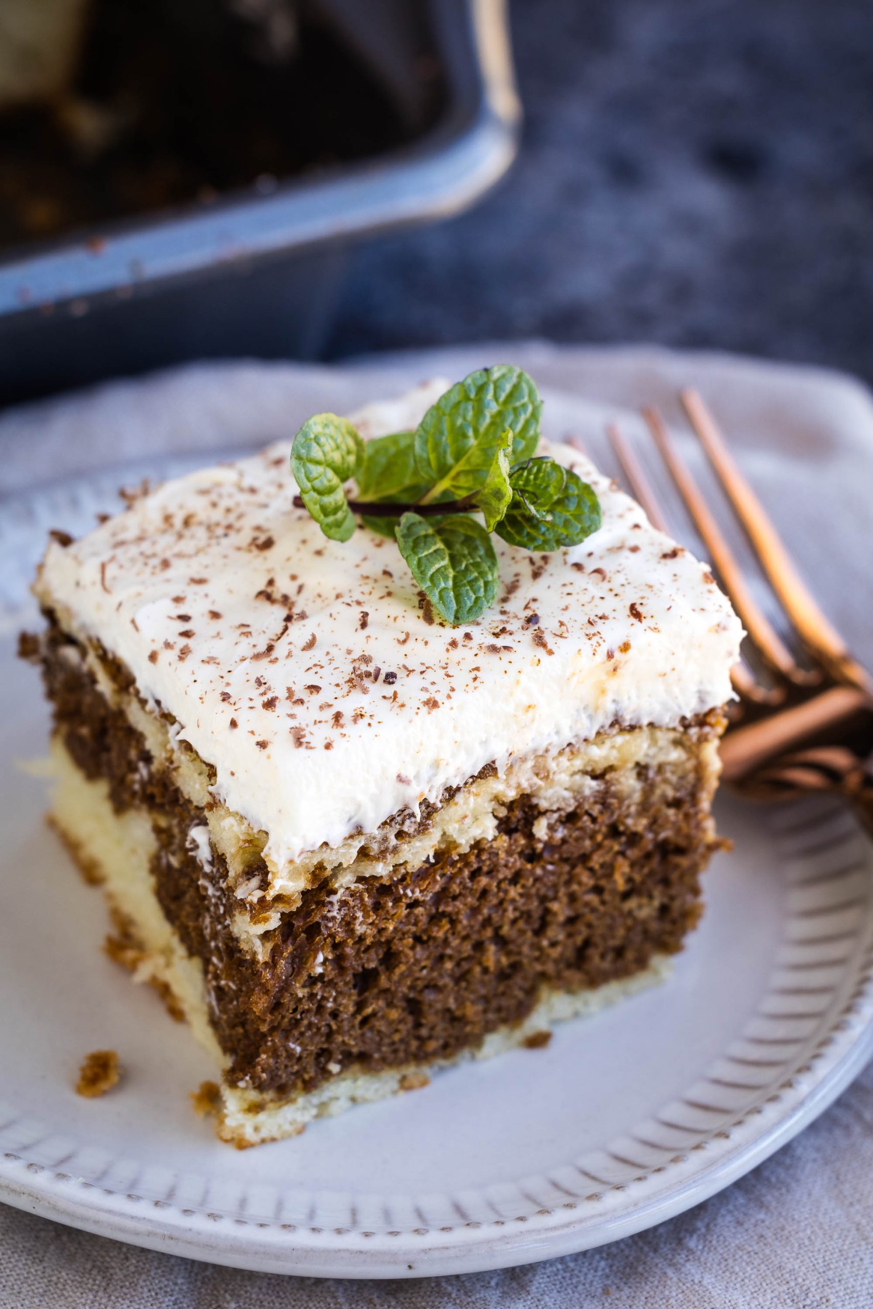 A slice of cake graced with a whipped cream topping and a mint garnish, elegantly presented on a white plate alongside a fork.