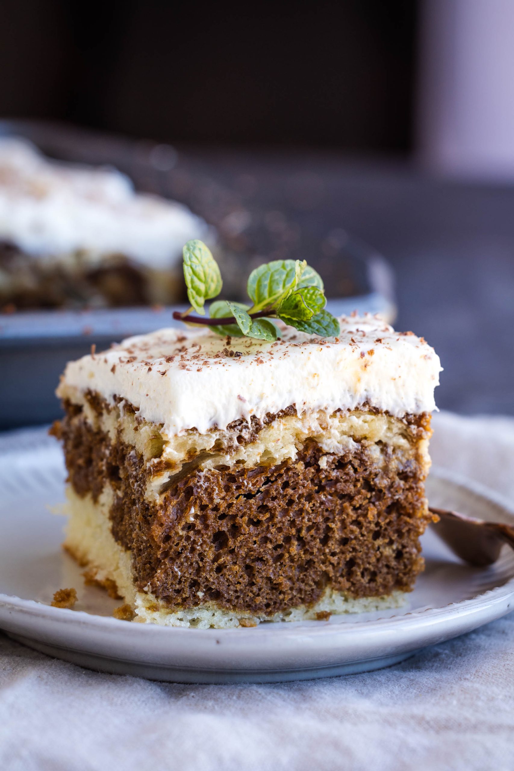 Slice of layered cake with chocolate and vanilla sponge, reminiscent of a tiramisu, topped with whipped cream and garnished with mint leaves, on a white plate.